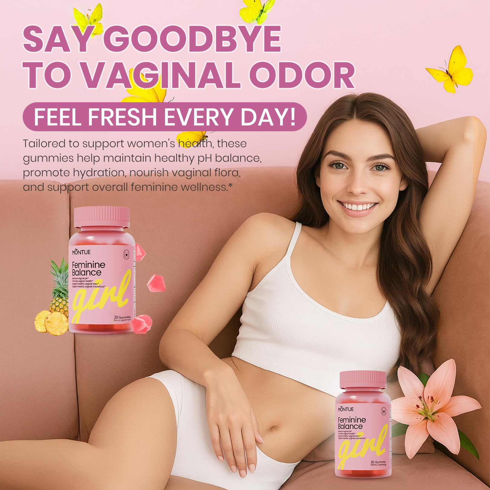 Montue Premium Diamond Feminine Balance Gummies-pH Balance with Prebiotics & Lactobacillus Probiotic Blend&Hawaiian Pineapple Immune Support,Vegan& Non-GMO（30 Gummies） Montue buy supplements Au