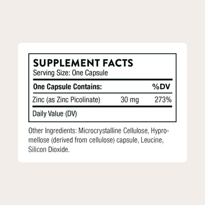 THORNE - Zinc Picolinate 30 mg - Well-Absorbed Zinc Supplement for Growth and Immune Function - Promotes Healthy Skin & Eyes - Third-Party Certified