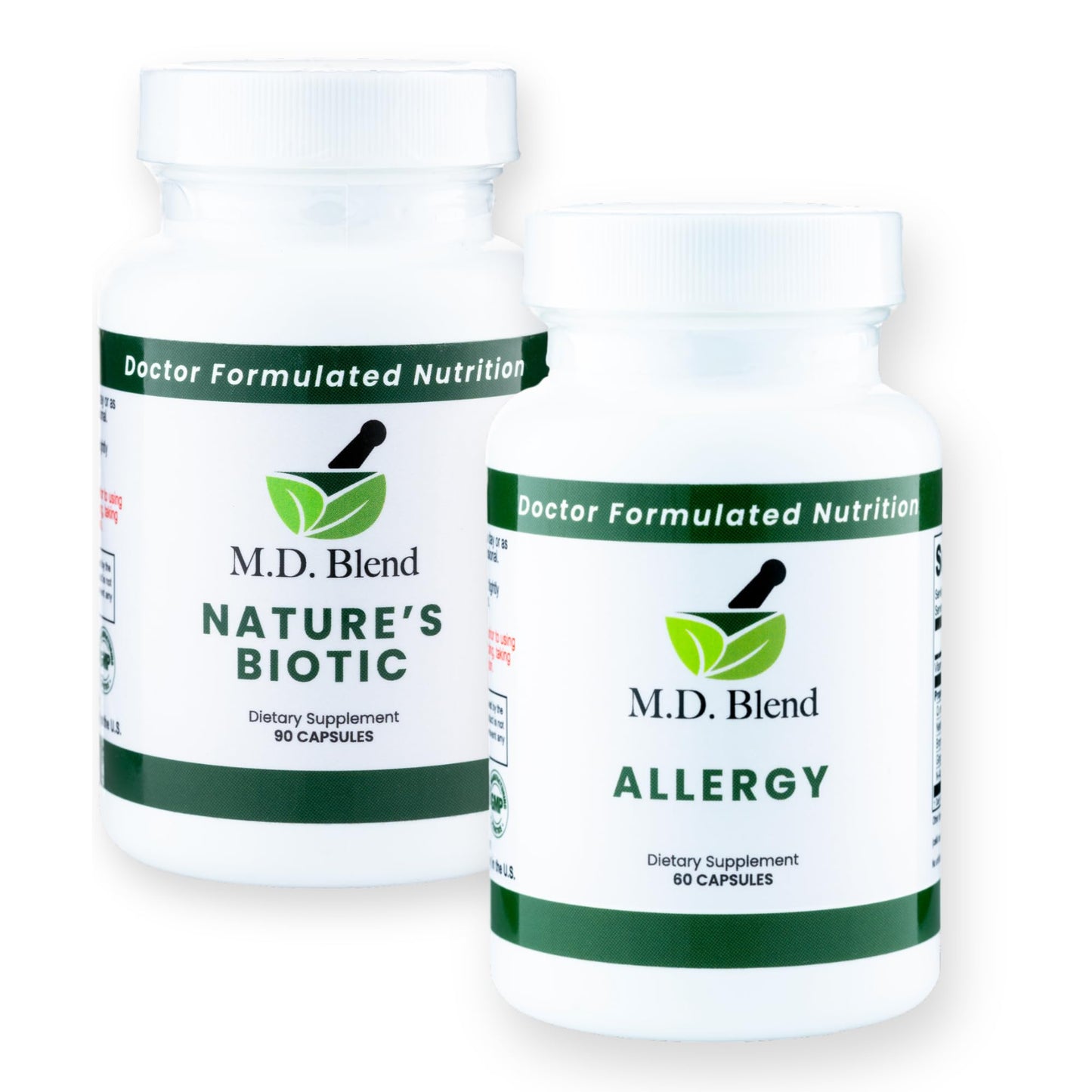Two M.D. Blend dietary supplement bottles on a white background