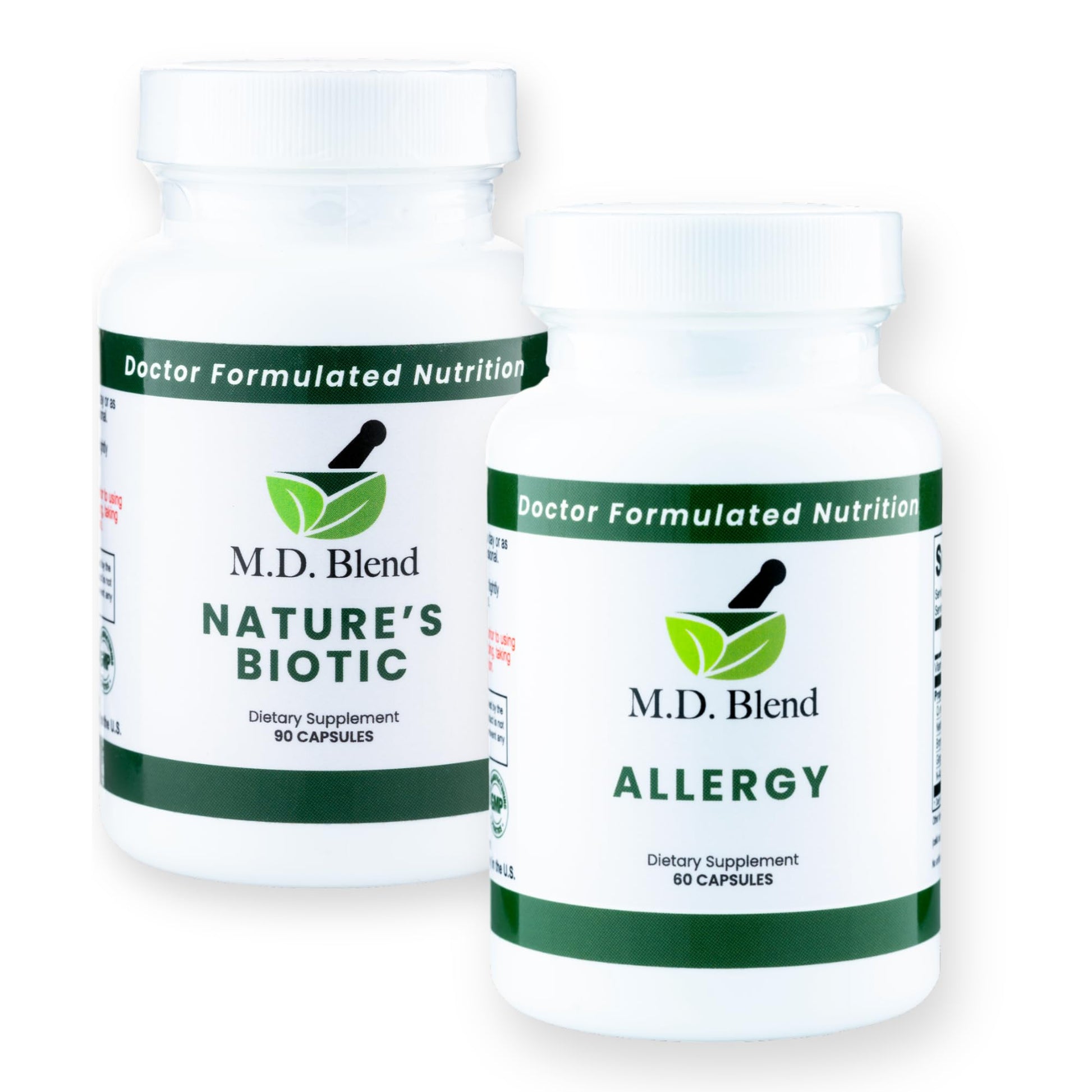 Two M.D. Blend dietary supplement bottles on a white background