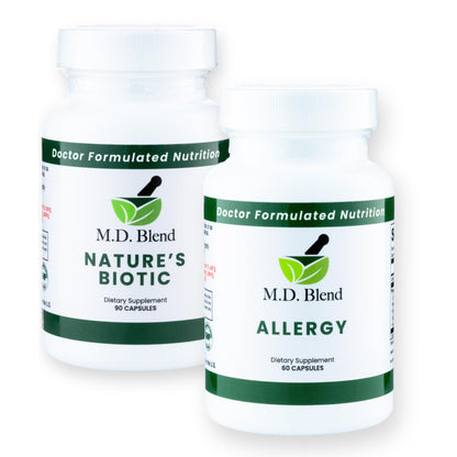 Two M.D. Blend dietary supplement bottles on a white background