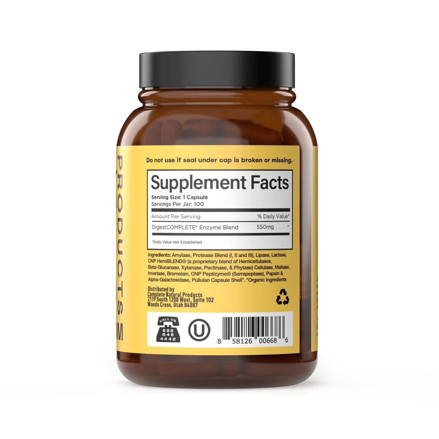 Complete Natural Products Digestive Enzyme Capsules, 550mg, 100ct | Plant-Based Formula