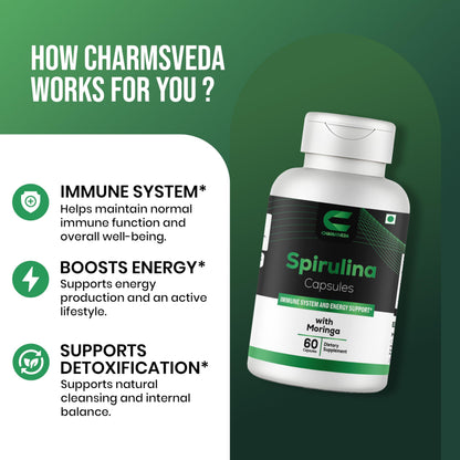 CHARMSVEDA Spirulina Capsules with Moringa – Herbal Immune Support* – 60 Vegan Capsules CHARMSVEDABuy Supplements Australia