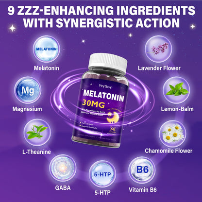 Veyttisy Melatonin 30mg Gummies for Adults - Sugar Free Melatonin Gummies Maximum Strength with Magnesium, B6, GABA & Botanical Blend - Non-Habit Forming,Vegan