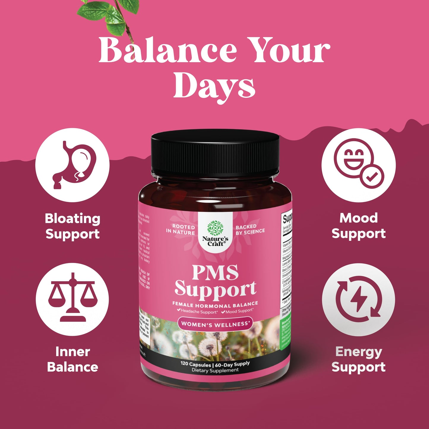 PMS Support Supplement for Women – Hormone Balance for Women & Menstrual Discomfort with DIM, Chasteberry, Black Cohosh & Ashwagandha - for Period Cramps Ease, Menopause Bloating, Mood Swing – 120 Ct Natures CraftBuy Supplements Australia