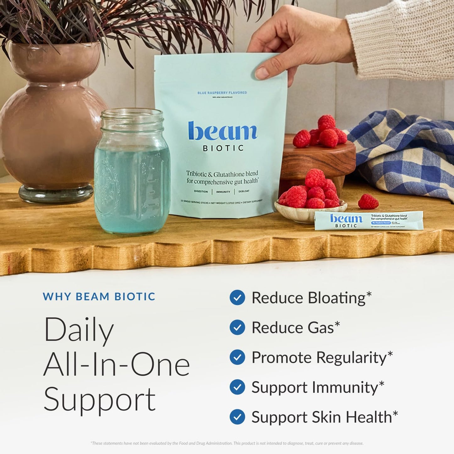 Beam Biotic Probiotics for Women – Gut Health & Digestive Health Powder with Pre, Pro & Postbiotics + Glutathione, Daily Probiotic Drink for Bloating Relief & Gut Balance