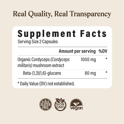 Real Mushrooms Supplement Capsules - Cordyceps Mushroom Powder Rich in Beta Glucans - Mushroom Pills Cordyceps for Energy and Performance - Vegan, Non-GMO, No Grain Fillers, 120 ct Real MushroomsBuy Supplements Australia