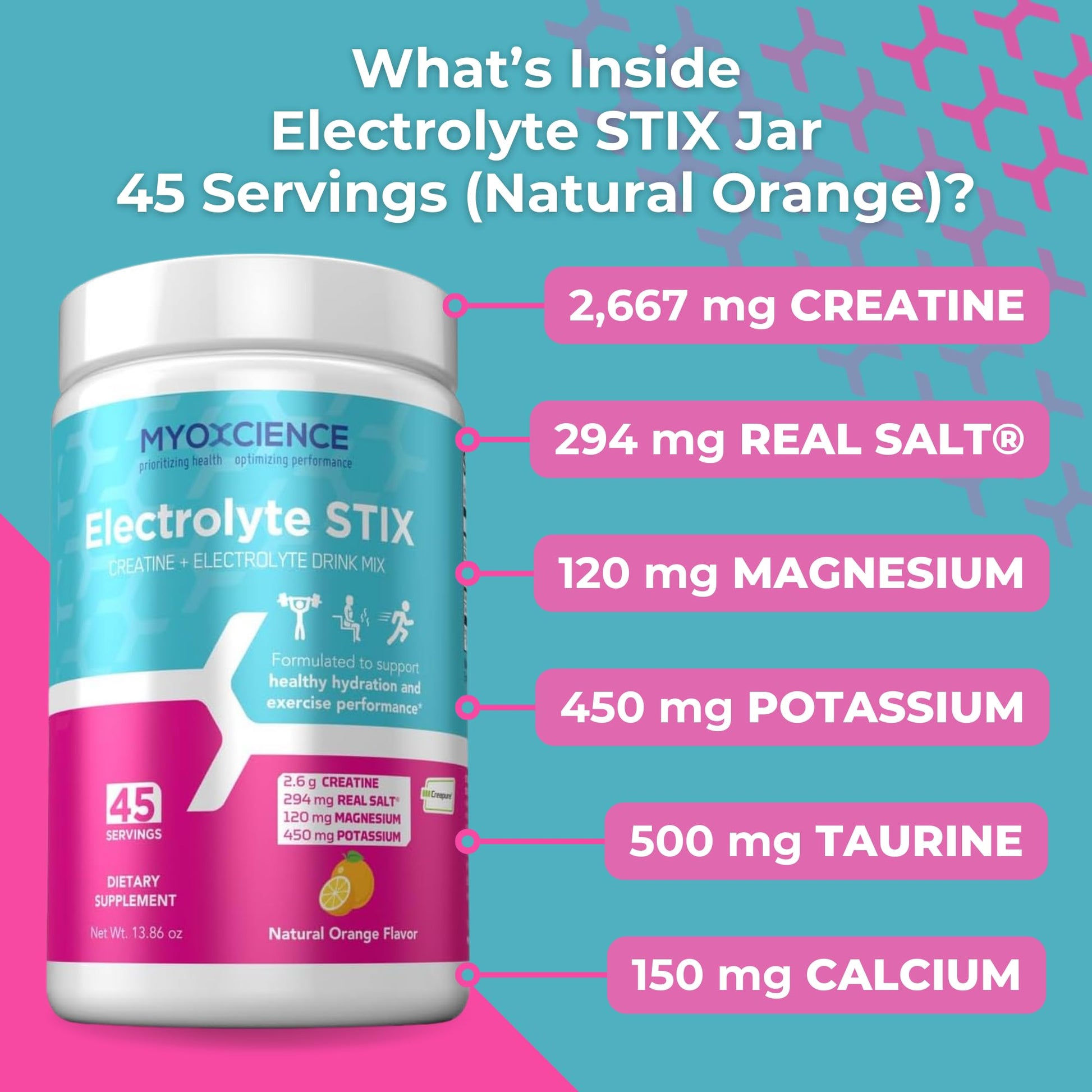MYOXCIENCE Electrolyte STIX | Creatine Electrolyte Powder | Recovery from Exercise & Muscle Development w/Real Salt (Natural Orange Flavor) (Jar 45 ct) MYOXCIENCE buy supplements Au