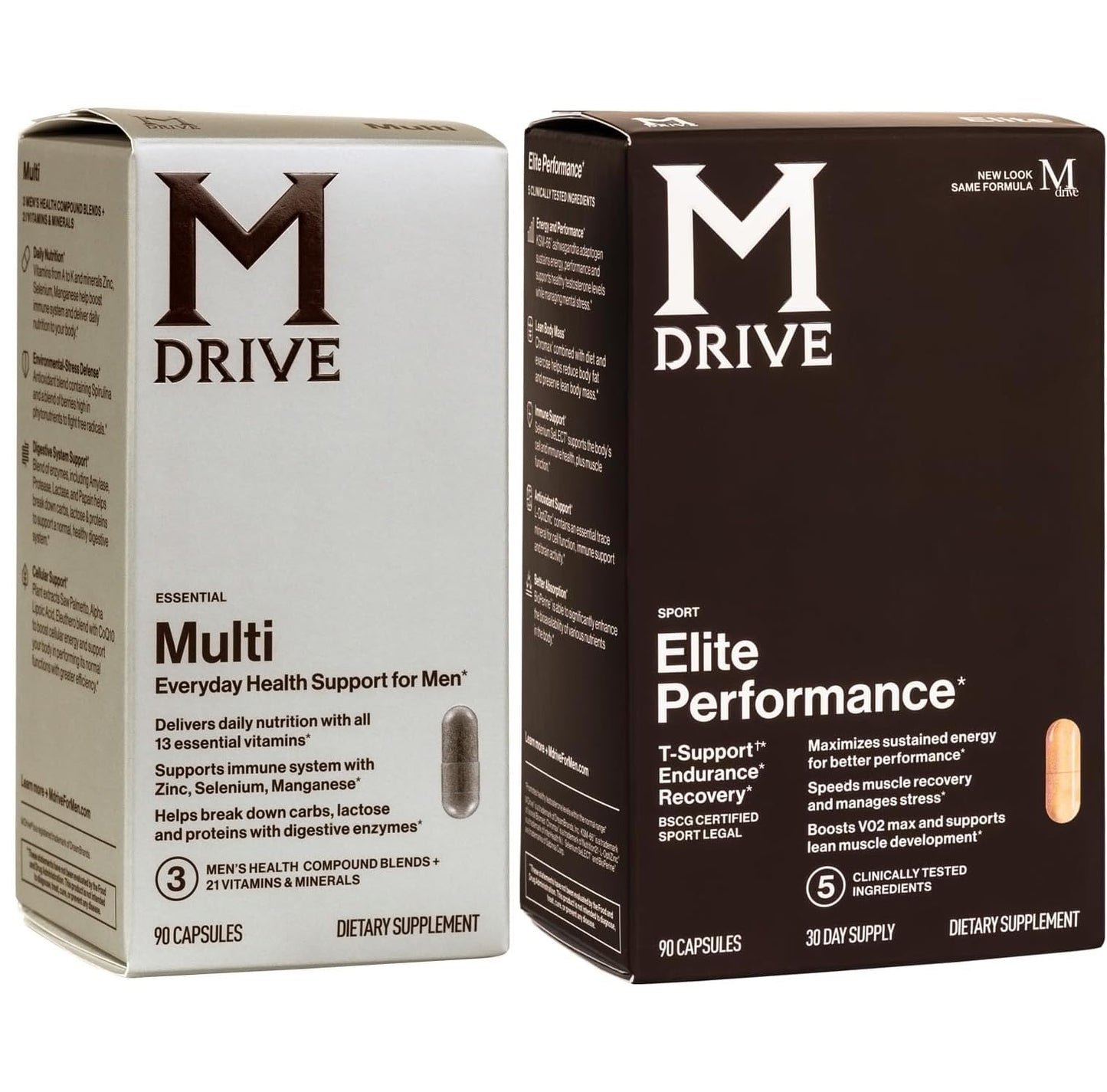 Two M Drive supplement boxes, one labeled 'Multi' and the other 'Elite Performance', on a white background.