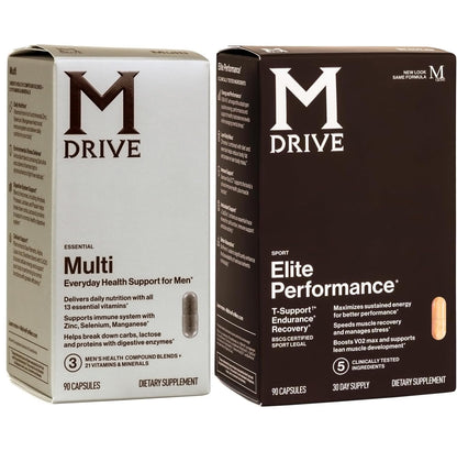 Two M Drive supplement boxes, one labeled 'Multi' and the other 'Elite Performance', on a white background.