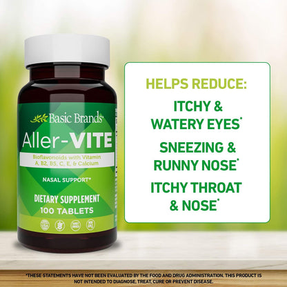 Basic Brands Aller Vite Nasal Support Tablets for Seasonal Allergy Relief, High Bioflavonoid Complex with Vitamins and Calcium, Gluten Free Daily Supplement, 100 Tablets Basic Brands buy supplements Au