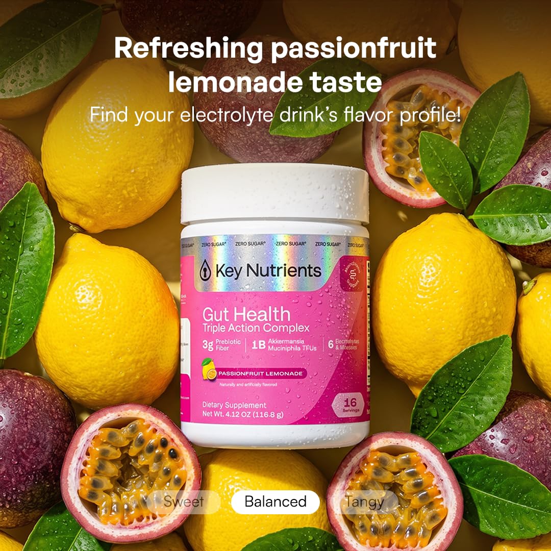 KEY NUTRIENTS Gut Health Hydration – Passionfruit Lemonade, Fiber Supplement with 3g Prebiotic Fiber & Akkermansia Probiotics for Women and Men
