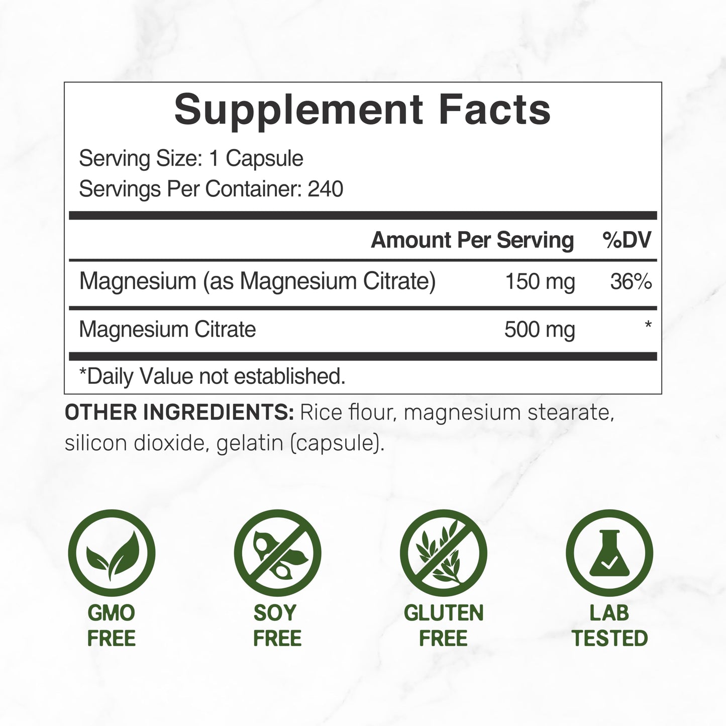 DEAL SUPPLEMENT Magnesium Citrate 500mg, 240 Capsules | Easily Absorbed, Purified Trace Mineral – One a Day, Non-GMO