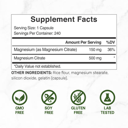 DEAL SUPPLEMENT Magnesium Citrate 500mg, 240 Capsules | Easily Absorbed, Purified Trace Mineral – One a Day, Non-GMO