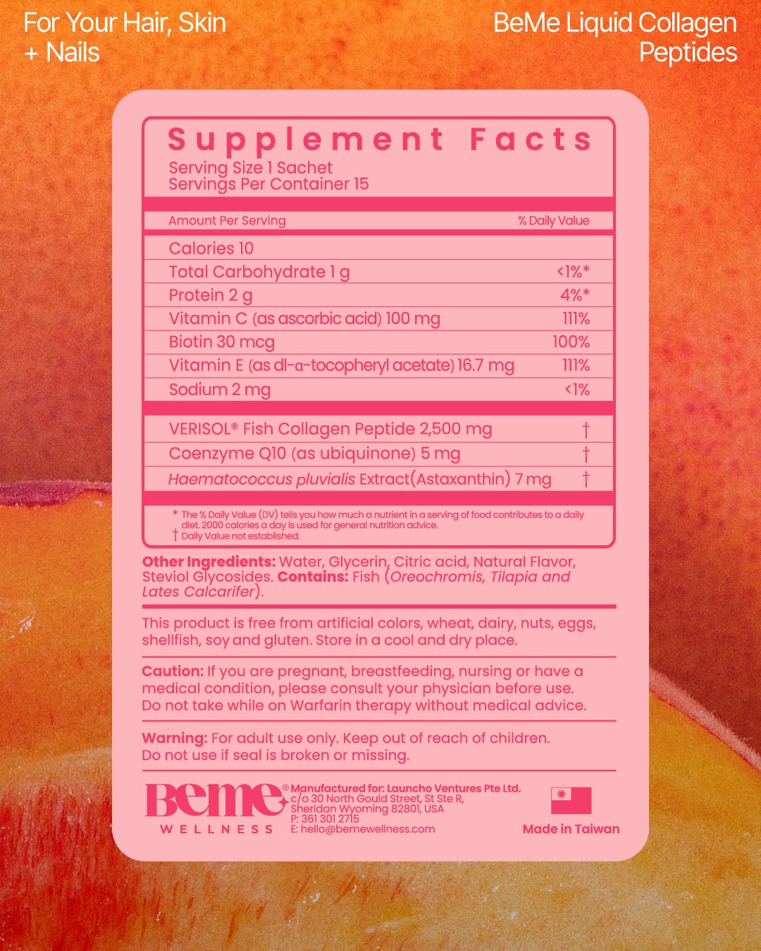 BeMe Liquid Collagen for Women - 2500mg Verisol Collagen Liquid with Biotin, CoQ10 & Vitamin C - Clinically Proven Collagen Peptides for Hair, Skin & Nails - 30 Peach Sachets BeMe buy supplements Au