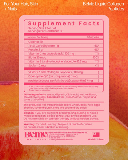 BeMe Liquid Collagen for Women - 2500mg Verisol Collagen Liquid with Biotin, CoQ10 & Vitamin C - Clinically Proven Collagen Peptides for Hair, Skin & Nails - 30 Peach Sachets BeMe buy supplements Au