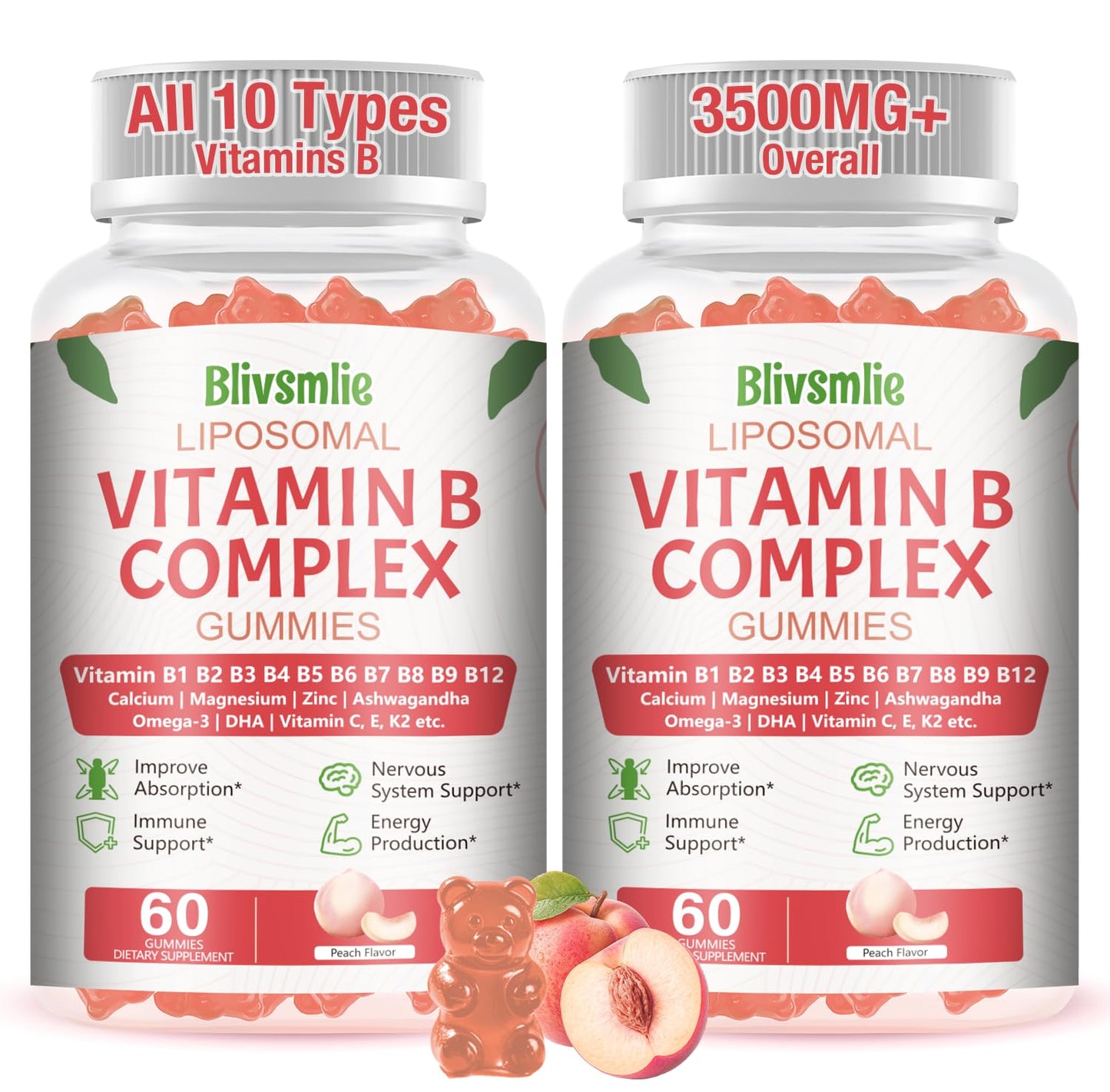 Blivsmlie 2 Pack 33-in-1 Liposomal Vitamin B Complex Gummies -B1, B2, B3, B4, B5, B6, B7, B8, B9,B12 | Vitamin C, D3,K2|Calcium,Magnesiun,Zinc etc.for Energy