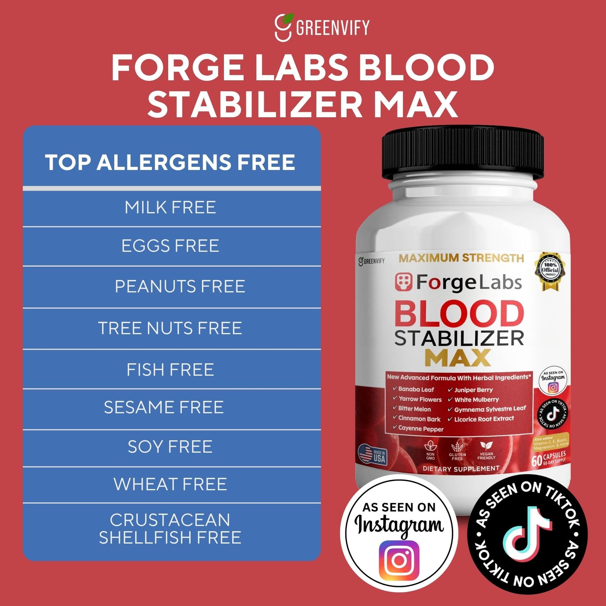 GREENVIFY ForgeLabs Blood Stabilizer Max, Maximum Strength Dietary Supplement, 60 Veggie Capsules, with Banaba Leaf, Juniper Berry, White Mulberry. (1) GREENVIFY buy supplements Au