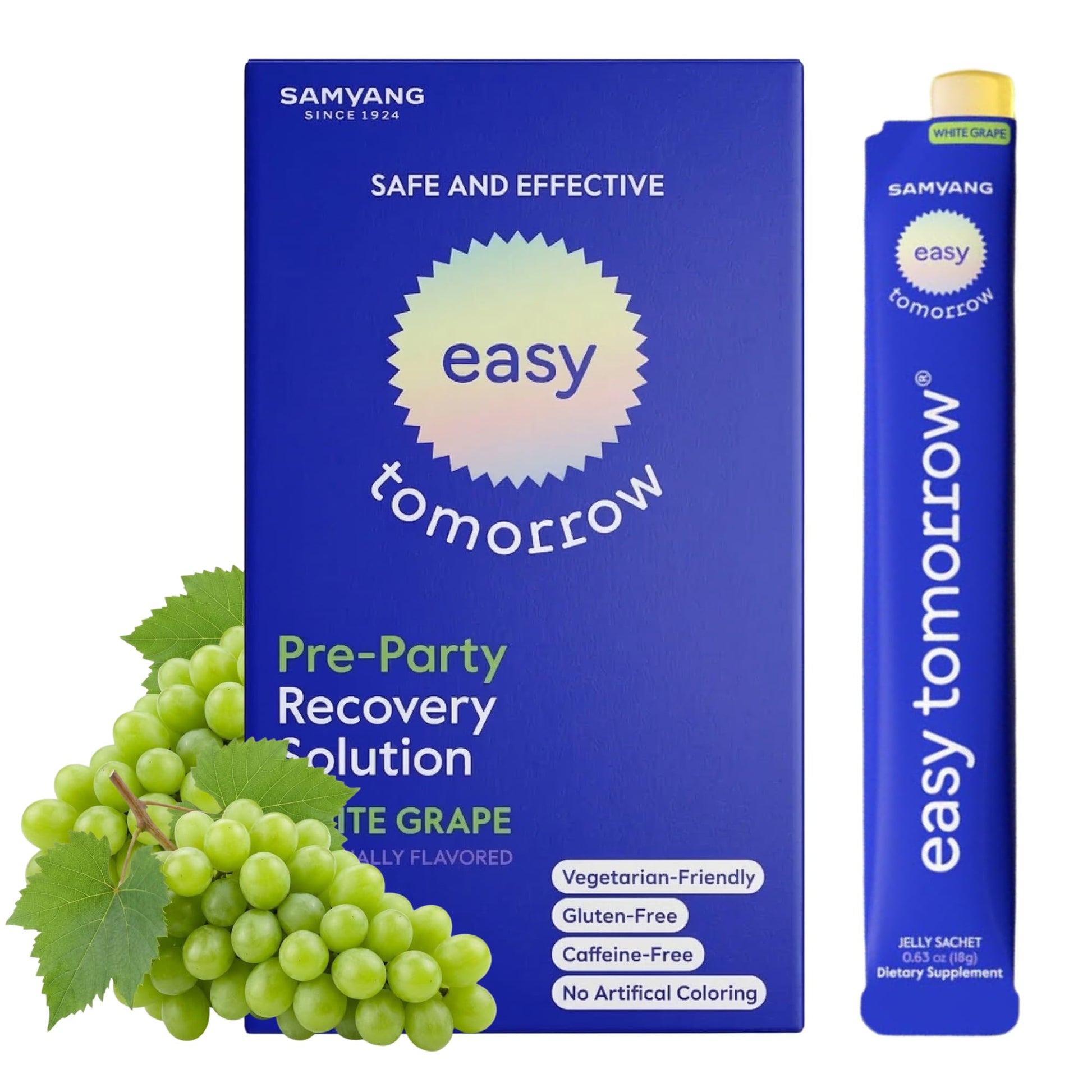 Pre-party recovery solution packaging with grapes on a white background