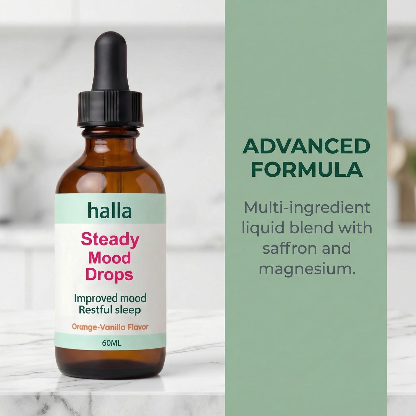 Halla Steady Mood Drops, with Saffron Extract – Fast Absorption Cognitive & Emotional Balance Supplement – Advanced Brain Nutrient Blend – Orange Vanilla Flavor, 2 fl oz