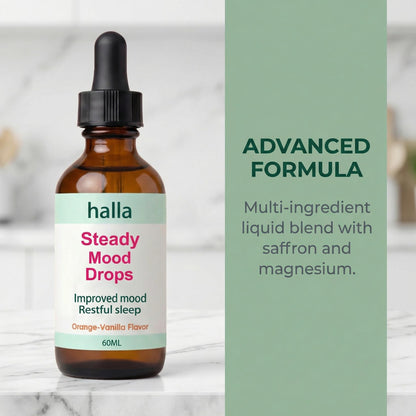 Halla Steady Mood Drops, with Saffron Extract – Fast Absorption Cognitive & Emotional Balance Supplement – Advanced Brain Nutrient Blend – Orange Vanilla Flavor, 2 fl oz