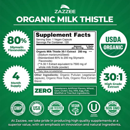 Zazzee USDA Organic Milk Thistle 30:1 Extract, 80% Silymarin, 120 Vegan Capsules, 4 Month Supply, Certified Kosher, High Potency Liver & Antioxidant Support