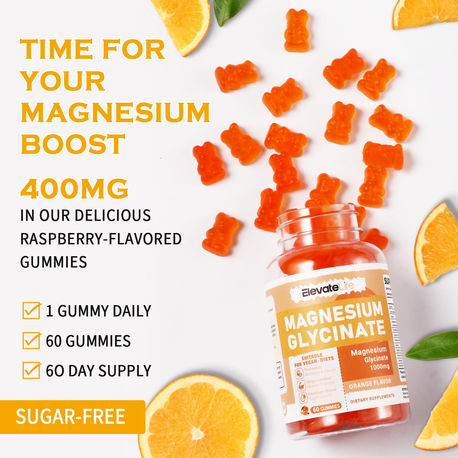 Magnesium Glycinate Gummies 1000mg - Sugar Free Magnesium Potassium Supplement with Vitamin D, B6, CoQ10 for Calm Mood & Sleep Support - 60 Orange Gummies ElevateLifeBuy Supplements Australia