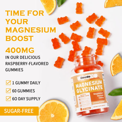 Magnesium Glycinate Gummies 1000mg - Sugar Free Magnesium Potassium Supplement with Vitamin D, B6, CoQ10 for Calm Mood & Sleep Support - 60 Orange Gummies ElevateLifeBuy Supplements Australia