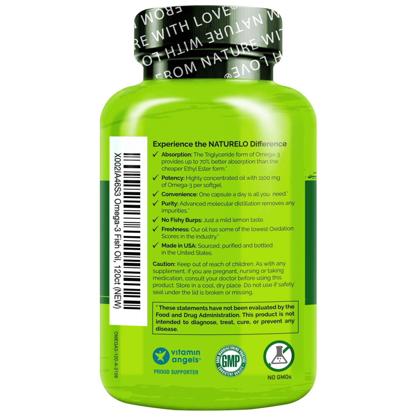 NATURELO Burpless Omega 3 Fish Oil Supplement - 1100mg Triglyceride Omega-3, EPA + DHA, Liquid Fish Oil for Heart, Eye, Brain, Joint Health
