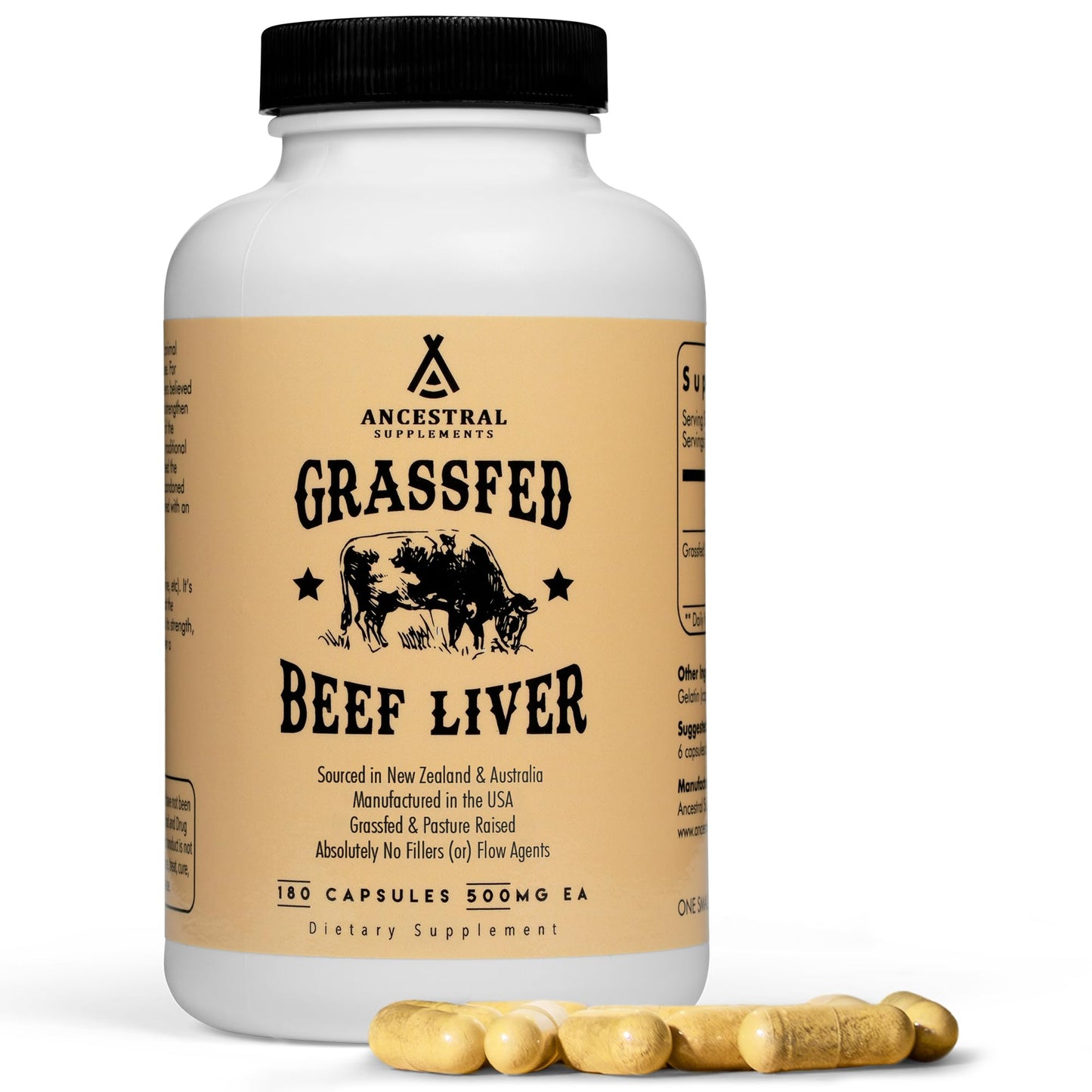 Ancestral Supplements Grass Fed Beef Liver 180 Capsules, Supports Energy Production, Detoxification, Digestion, Immunity and Full Body Wellness