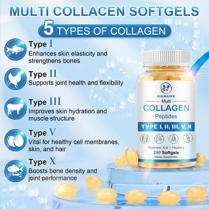 SIGNILIFE Multi Collagen Peptides for Women & Men, Hydrolyzed Collagen Peptides-Type I, II, III, V, X - with Hyaluronic Acid,Vitamin C,Biotin