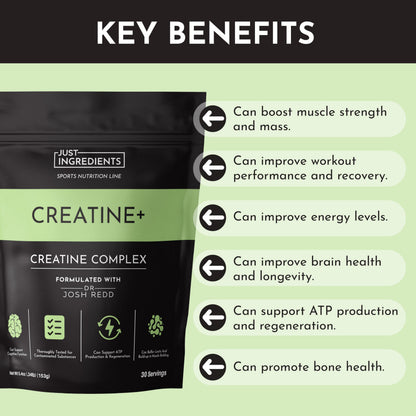 JUST INGREDIENTS Creatine Monohydrate Powder with Rejen Fulvic Mineral Complex - Supports Muscle Recovery, Energy, Strength, Cognitive Function - 30 Servings