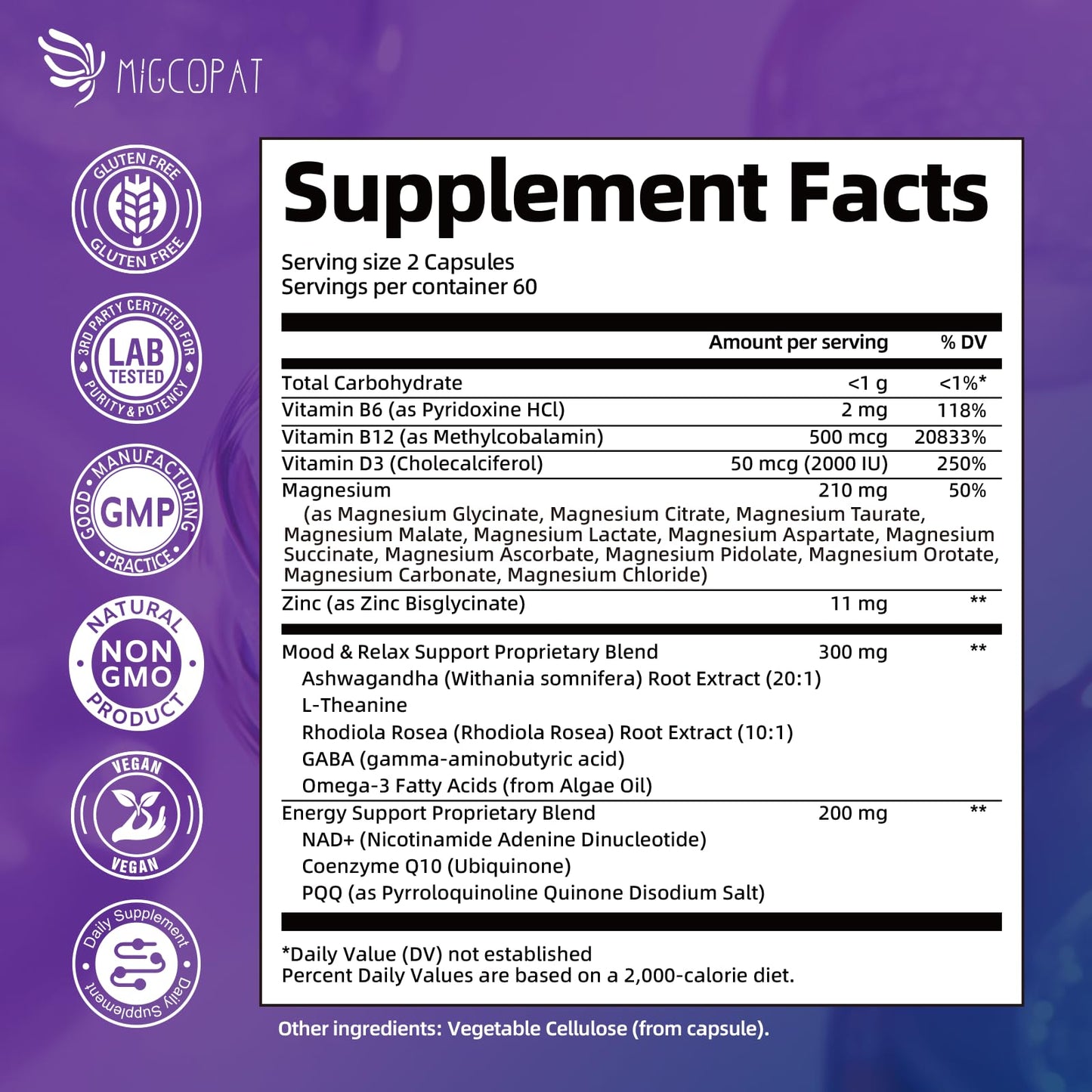 Migcopat Magnesium Complex w/Magnesium Glycinate, Malate, Citrate | 24-in-1 Magnesium Supplement w/Ashwagandha, L-Theanine & NAD+ | Supports Calm, Energy, Muscle & Sleep | Non-GMO, 120 Vegan Caps Migcopat buy supplements Au