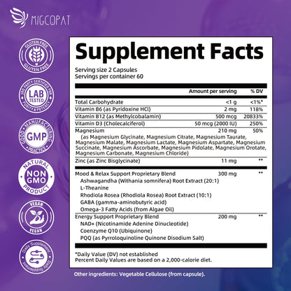 Migcopat Magnesium Complex w/Magnesium Glycinate, Malate, Citrate | 24-in-1 Magnesium Supplement w/Ashwagandha, L-Theanine & NAD+ | Supports Calm, Energy, Muscle & Sleep | Non-GMO, 120 Vegan Caps Migcopat buy supplements Au