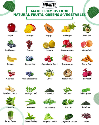 VIDAVITE Sugar-free Super Greens Gummies — US-Made, 35+ Fruit and Veggie gummies to Boost Immunity, Skin & Gut Health — Ideal Fruits and Vegetables Supplement for Adults & Picky Teens (30-Days Supply) VIDAVITEBuy Supplements Australia