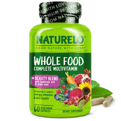 NATURELO Whole Food Multivitamin with Extra Hair, Skin and Nails Support - Beauty Blend with Hyaluronic Acid & Grape Seed - High Potency Biotin, Vitamin C