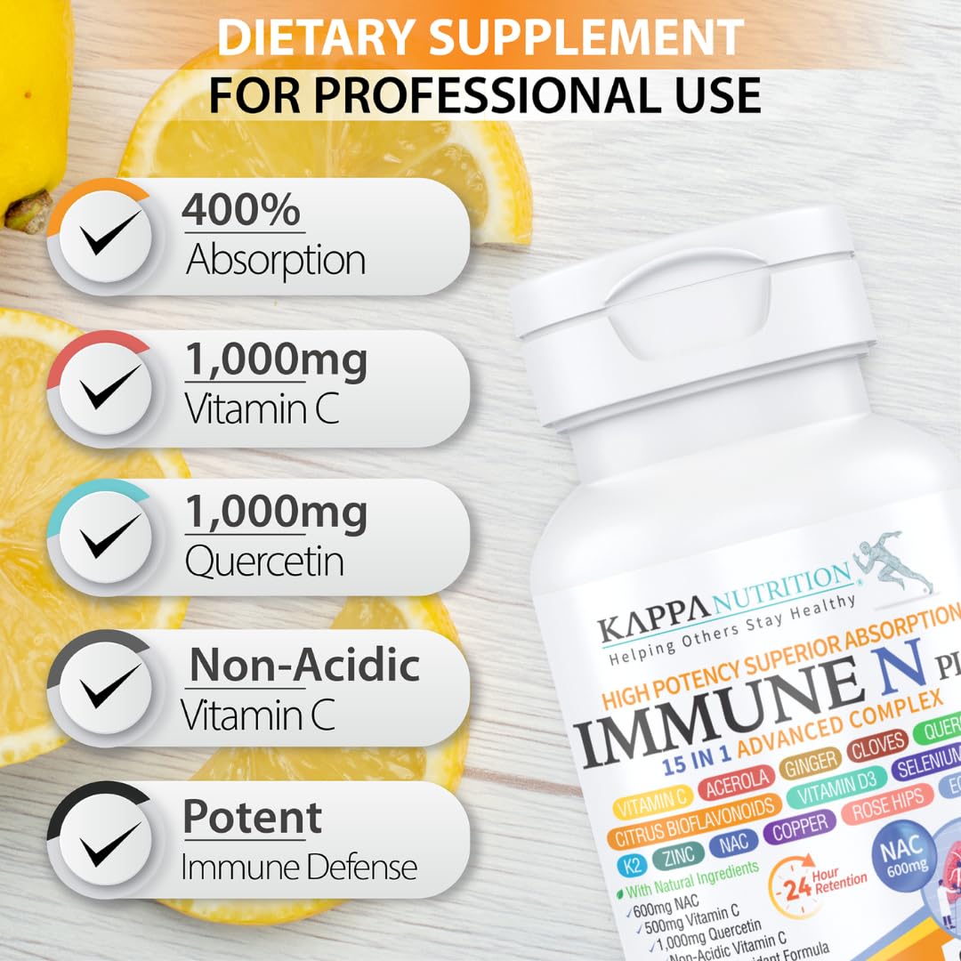 (60 Capsules), NAC 600mg, Quercetin 1,000mg, Vitamin C 500mg, Zinc 50mg, Vitamin D3 5,000iu, Selenium, Copper, Acerola, Ginger, Rutin, Citrus Bioflavonoids, Rose Hips, Echinacea, Immune N Plus 15 in 1 KAPPA NUTRITION buy supplements Au