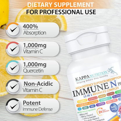 (60 Capsules), NAC 600mg, Quercetin 1,000mg, Vitamin C 500mg, Zinc 50mg, Vitamin D3 5,000iu, Selenium, Copper, Acerola, Ginger, Rutin, Citrus Bioflavonoids, Rose Hips, Echinacea, Immune N Plus 15 in 1 KAPPA NUTRITIONBuy Supplements Australia