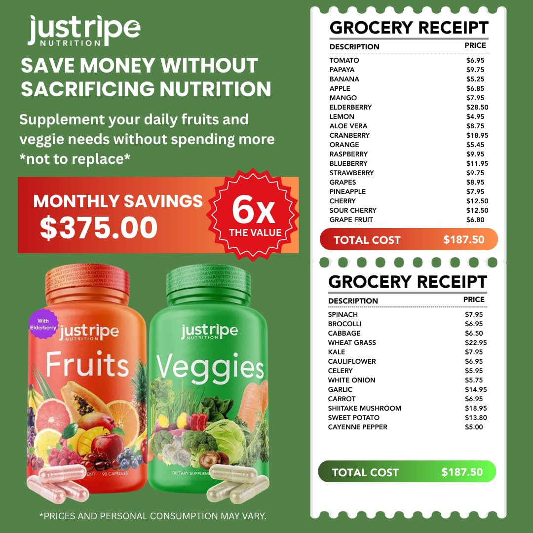 Fruits and Veggies Supplement - 90 Fruit and 90 Vegetable Capsules - 100% Whole Natural Superfood - Filled with Super Greens Vitamins and Minerals - Supports Balance Energy Levels (1 Pack) Just Ripe Nutrition buy supplements Au