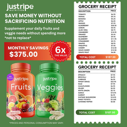 Fruits and Veggies Supplement - 90 Fruit and 90 Vegetable Capsules - 100% Whole Natural Superfood - Filled with Super Greens Vitamins and Minerals - Supports Balance Energy Levels (1 Pack) Just Ripe Nutrition buy supplements Au