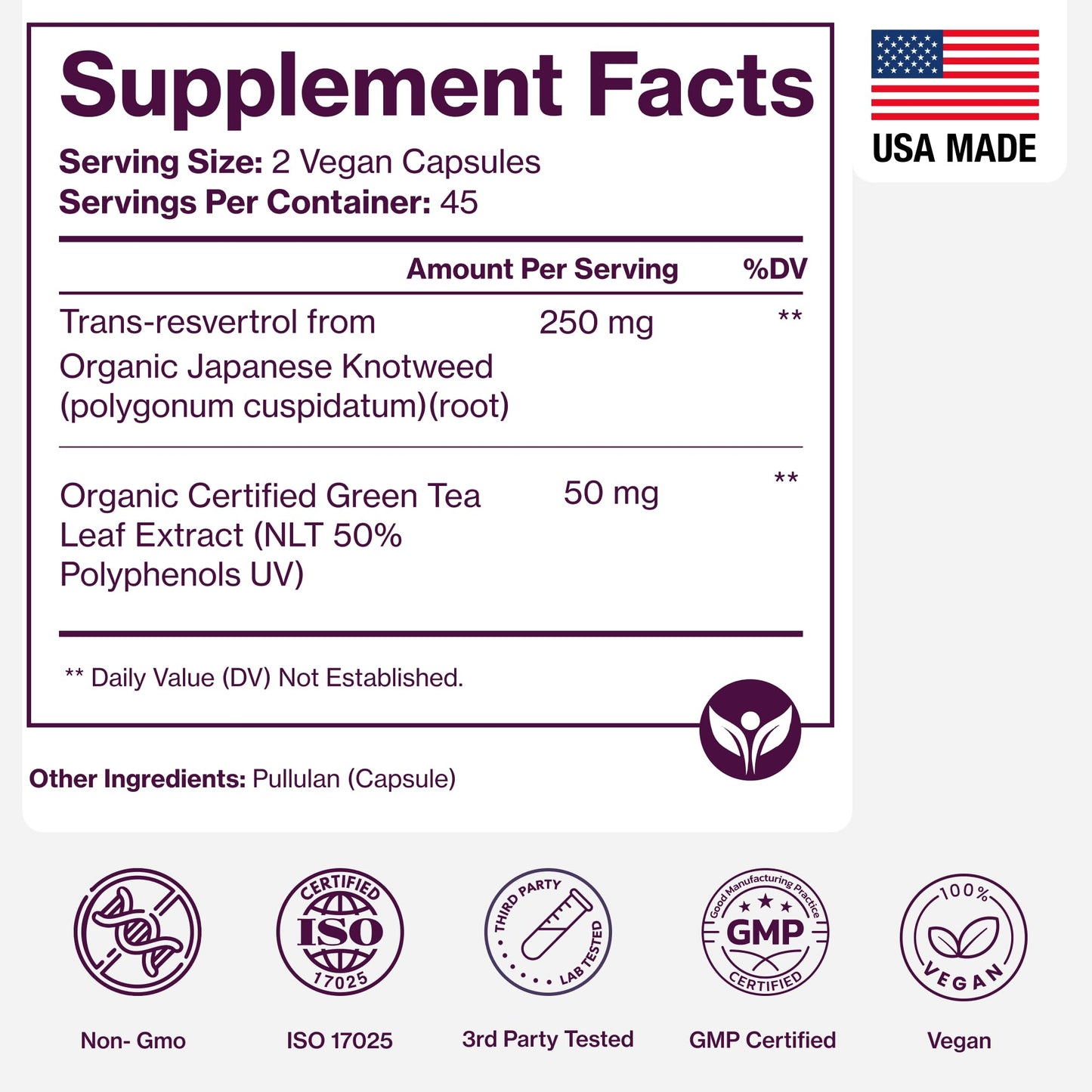 Organic Resveratrol Supplement – Trans-Resveratrol Capsules with Green Tea – Highly Purified & Bioavailable