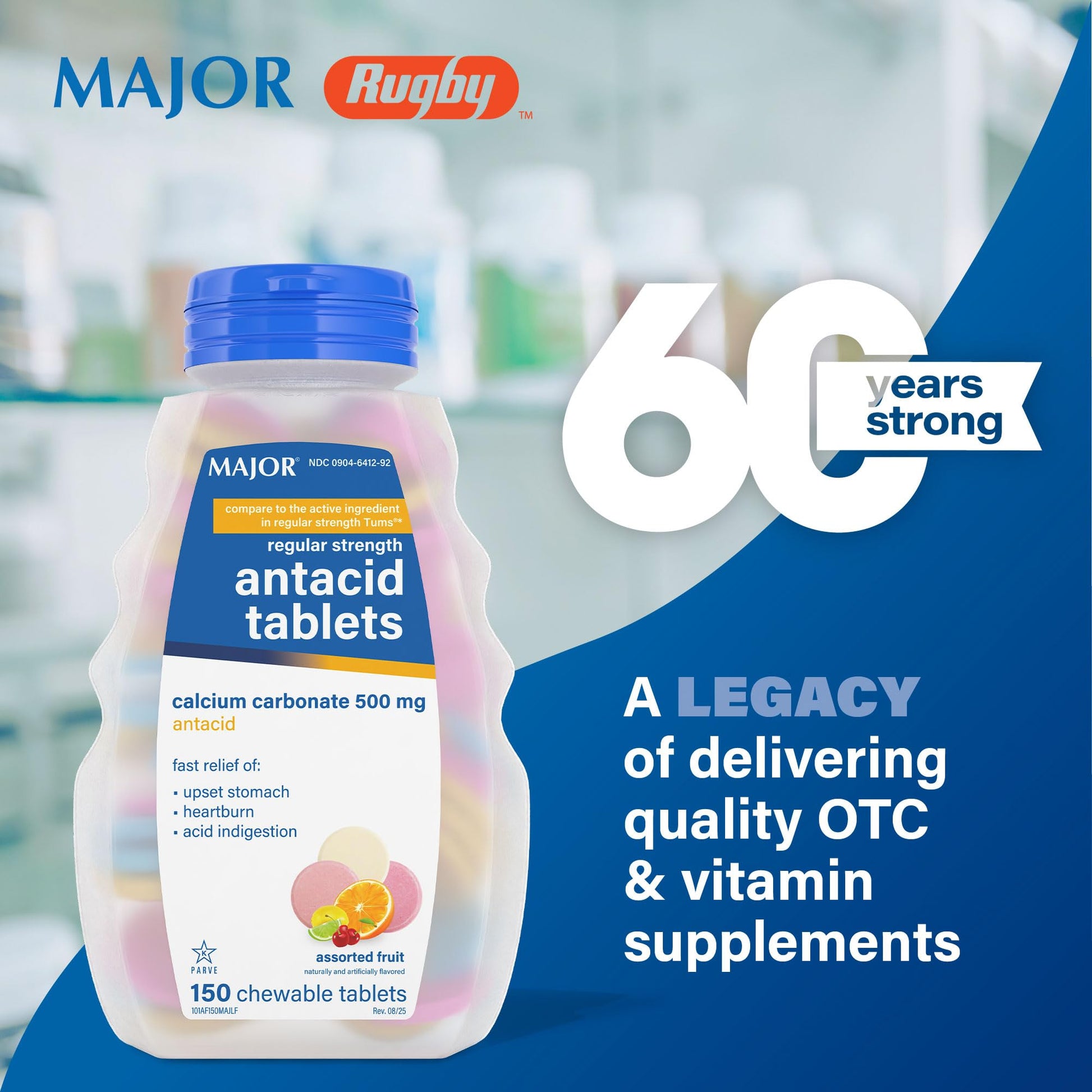 MAJOR Regular Strength Antacid Tablets - Calcium Carbonate 500 mg - Assorted Fruit Flavor - 150 Chewable Count (2 Pack) MAJOR buy supplements Au