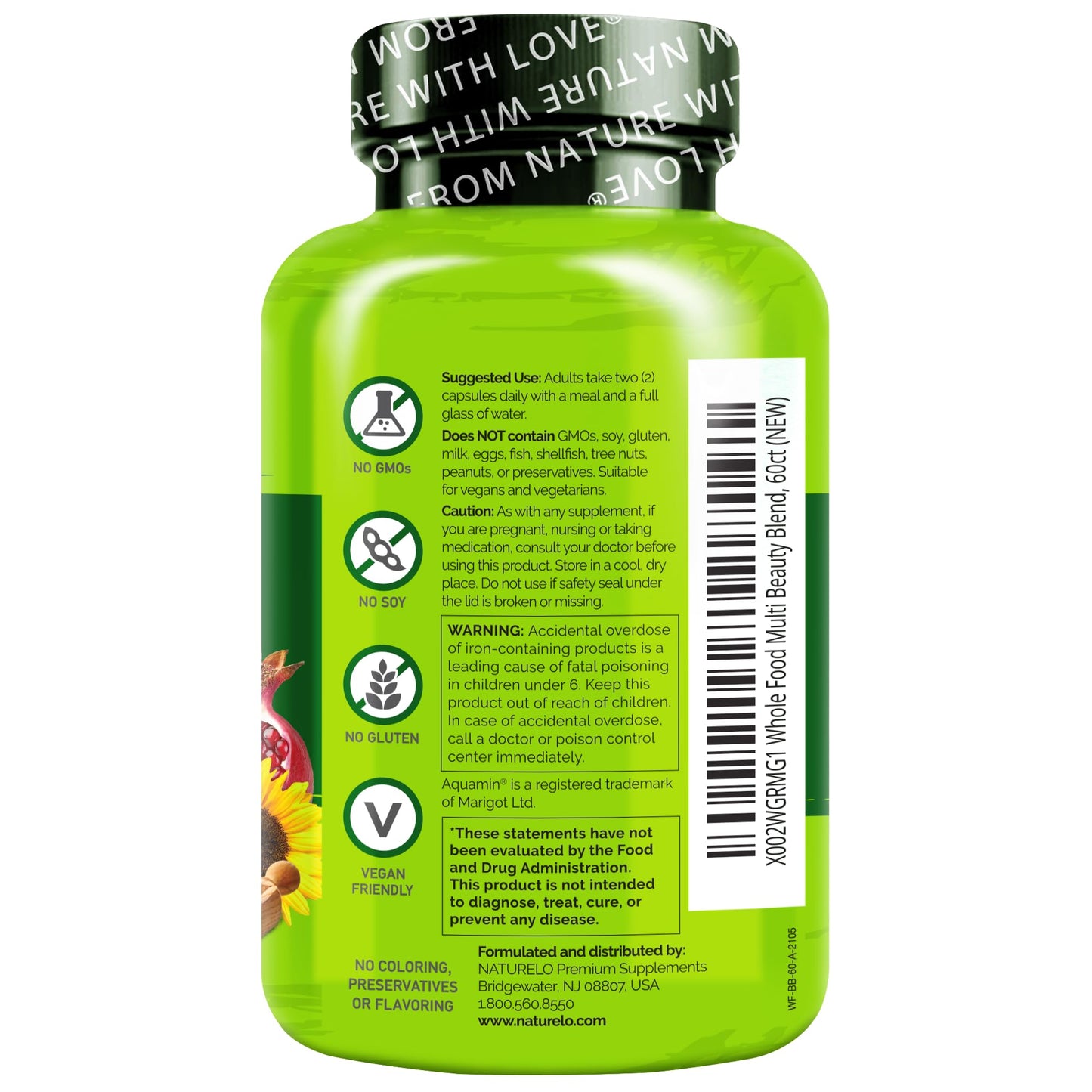 NATURELO Whole Food Multivitamin with Extra Hair, Skin and Nails Support - Beauty Blend with Hyaluronic Acid & Grape Seed - High Potency Biotin, Vitamin C