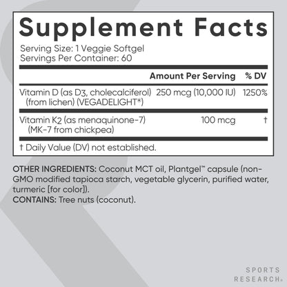 Sports Research® Vitamin D3 + K2 with 10,000iu of Plant-Based D3 & 100mcg of Vitamin K2 as MK-7 | Non-GMO Verified & Vegan Certified 60ct Sports Research buy supplements Au