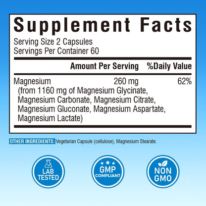 Vitalibre 6 in 1 Magnesium Complex for Women Men, 260mg Elemental Magnesium | Max Absorption | Chelated Magnesium Supplement for Bone, Relaxation & Nerves Support | Non-GMO, 120 Vegan Capsules Vitalibre buy supplements Au