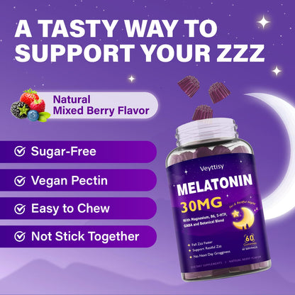 Veyttisy Melatonin 30mg Gummies for Adults - Sugar Free Melatonin Gummies Maximum Strength with Magnesium, B6, GABA & Botanical Blend - Non-Habit Forming,Vegan
