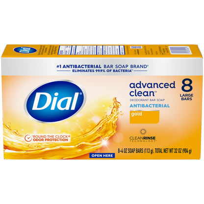Dial Antibacterial Deodorant Bar Soap, Advanced Clean Gold, 4 Oz, 32 Bars, Round the Clock Odor Protection