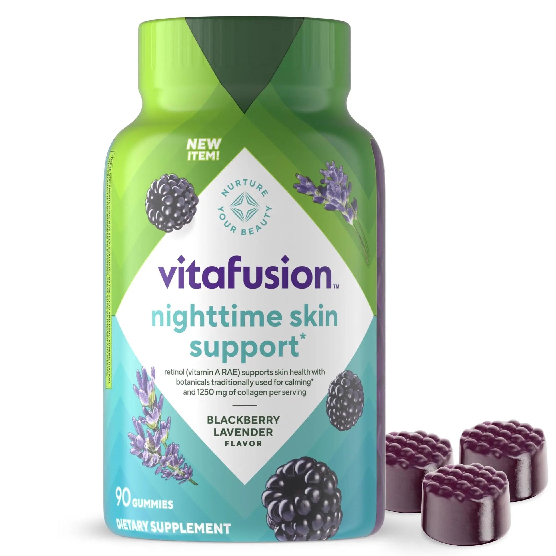 vitafusion Nighttime Skin Support (1), Beauty Supplement with Retinol (Vitamin A RAE), Collagen & Bedtime Botanicals Vitafusion