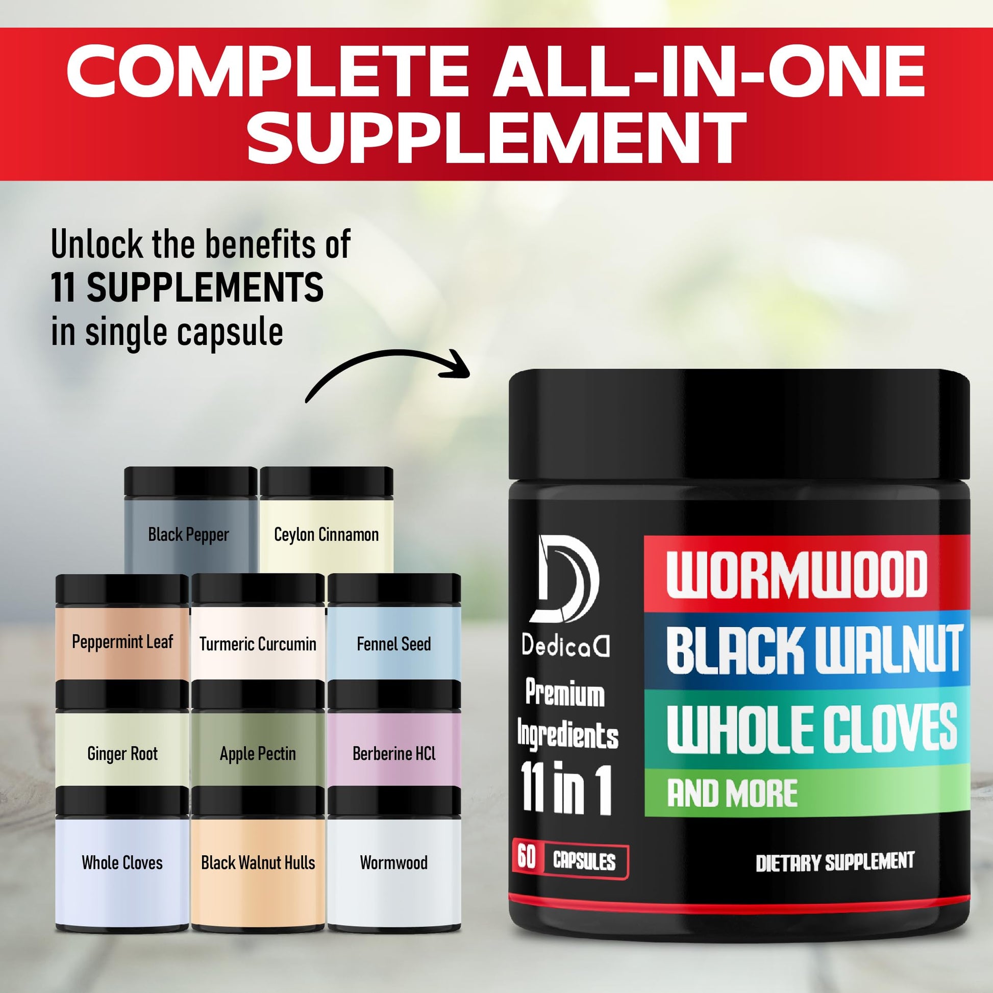 DEDICAD Wormwood Capsules Supplement - Extracted from Black Walnut, Cloves, Turmeric, Apple, Berberine HCl & More - 11 Ingredients Combined for Immune System, Body Management - 60 Capsules DEDICAD buy supplements Au
