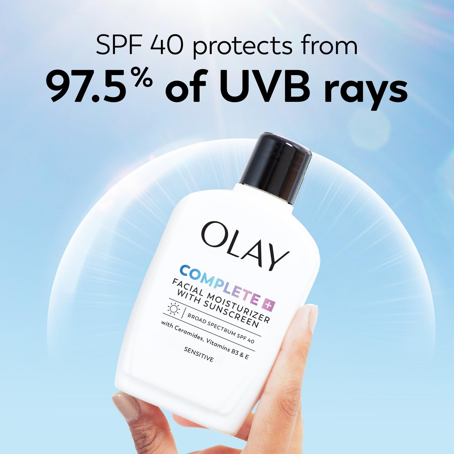 Olay Complete+ Face Moisturizer with Sunscreen SPF 40, For Sensitive Skin, Broad Spectrum Sun Protection, Fragrence-Free